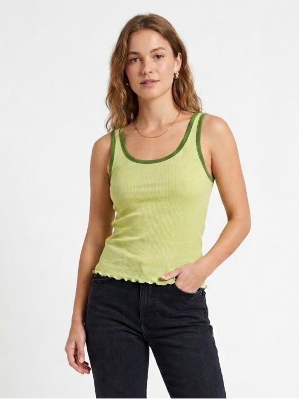 Vtg Y2K Free People Lime Green Chartreuse Ruffled Hem Ribbed Tank Fairy Med Peru